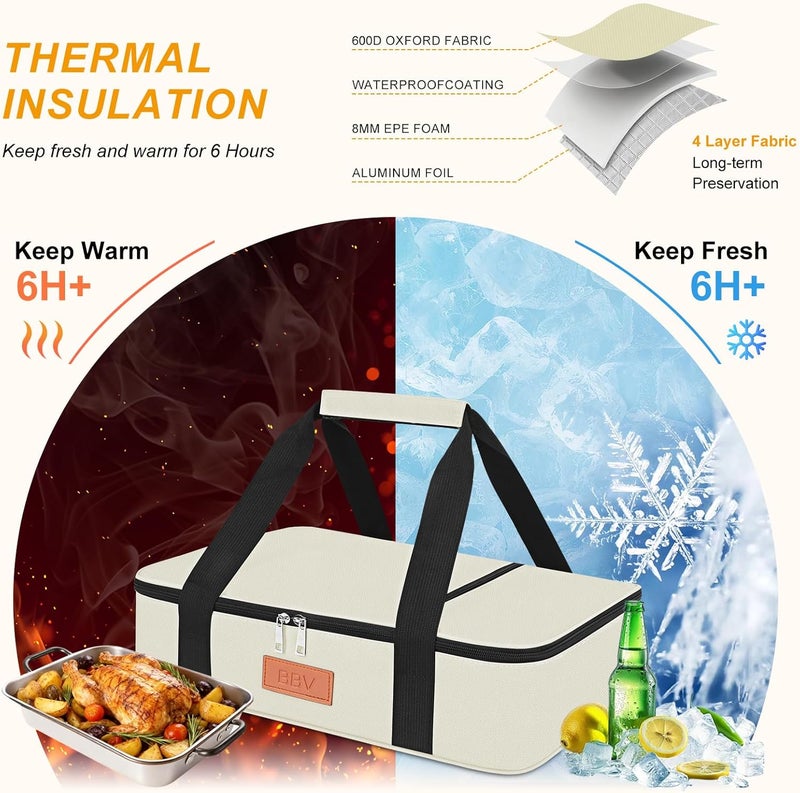 BBV Insulated Casserole Carrier for Hot or Cold Food, Food Warmer Bag Fits 9"x13" Baking Dish, Durable Nylon Leak Proof Food Containers for Travel, Potluck, Parties, Picnic, Cookouts (Beige) - Image 3